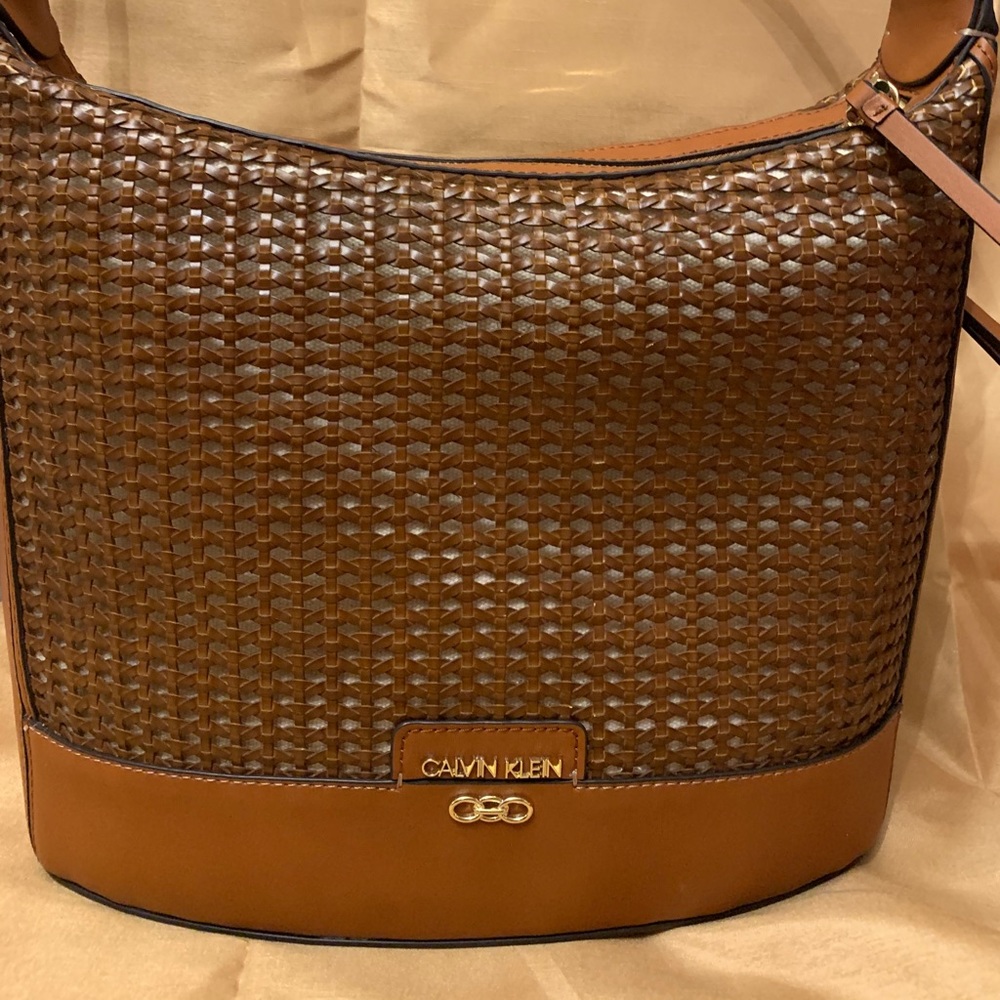 Brown Calvin Klein Leather Woven Satchel Bag